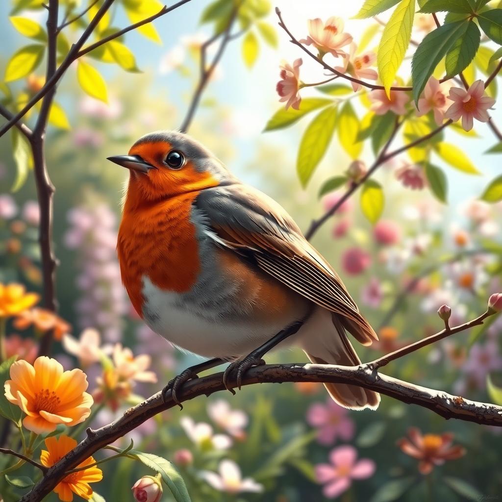 A detailed artistic portrait of a colorful robin perched on a branch in a lush garden