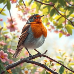 A detailed artistic portrait of a colorful robin perched on a branch in a lush garden