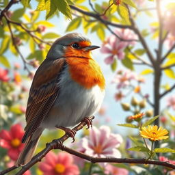 A detailed artistic portrait of a colorful robin perched on a branch in a lush garden
