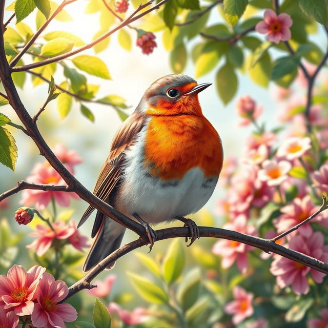 A detailed artistic portrait of a colorful robin perched on a branch in a lush garden