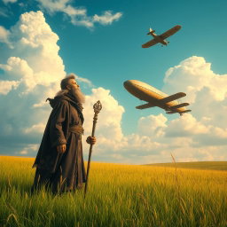 A fantasy mage with a flowing robe adorned with mystical symbols stands in the middle of a vast, vibrant grassland