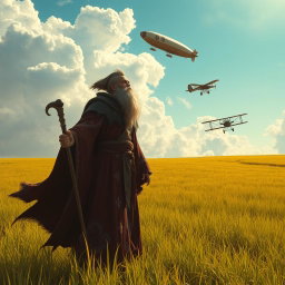 A fantasy mage with a flowing robe adorned with mystical symbols stands in the middle of a vast, vibrant grassland