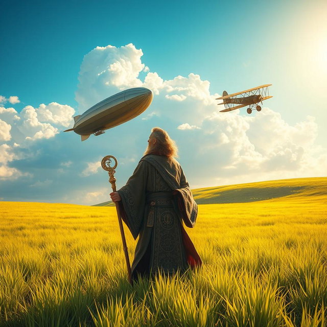 A fantasy mage with a flowing robe adorned with mystical symbols stands in the middle of a vast, vibrant grassland