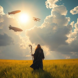 A fantasy mage with a flowing robe adorned with mystical symbols stands in the middle of a vast, vibrant grassland