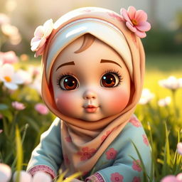 A 3D model of a baby girl wearing a beautifully designed hijab