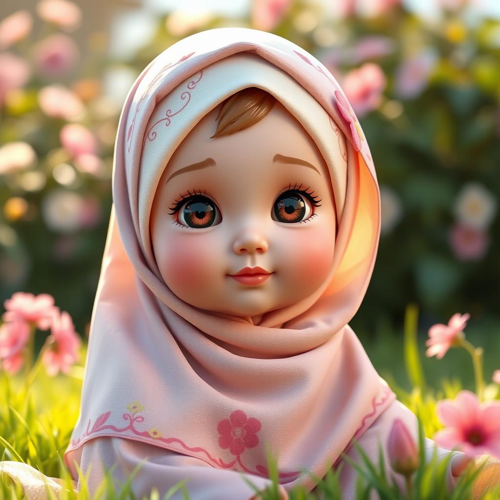 A 3D model of a baby girl wearing a beautifully designed hijab