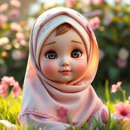 A 3D model of a baby girl wearing a beautifully designed hijab