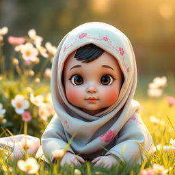 A 3D model of a baby girl wearing a beautifully designed hijab