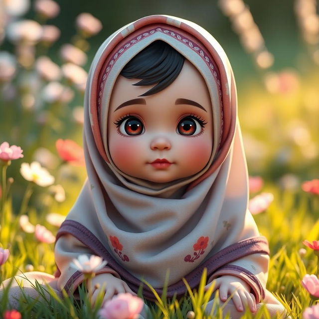 A 3D model of a baby girl wearing a beautifully designed hijab