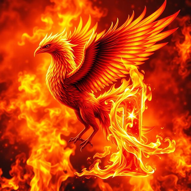 A mythical fire bird, depicted in vibrant, fiery colors, symbolizing the protector of the number (1)