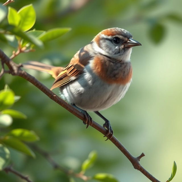 A detailed 3D rendering of a sparrow perched on a branch