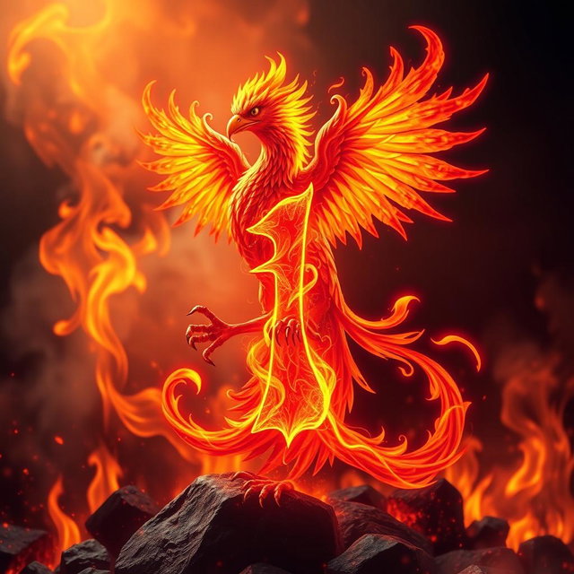 A mythical fire bird acting as the guardian of the number (1), with flames and hot embers in the background, showcasing the number in a special flaming style