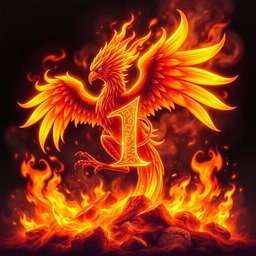 A mythical fire bird acting as the guardian of the number (1), with flames and hot embers in the background, showcasing the number in a special flaming style
