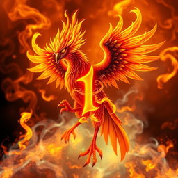 A mythical fire bird acting as the guardian of the number (1), with flames and hot embers in the background, showcasing the number in a special flaming style