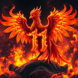 A mythical fire bird acting as the guardian of the number (1), with flames and hot embers in the background, showcasing the number in a special flaming style