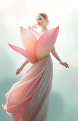 A hyper-realistic depiction of a blooming flower gradually unfolding and seamlessly merging with the figure of a serene woman, symbolizing growth and transformation