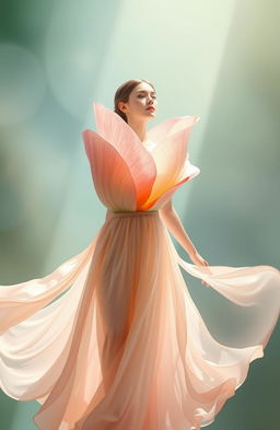 A hyper-realistic depiction of a blooming flower gradually unfolding and seamlessly merging with the figure of a serene woman, symbolizing growth and transformation