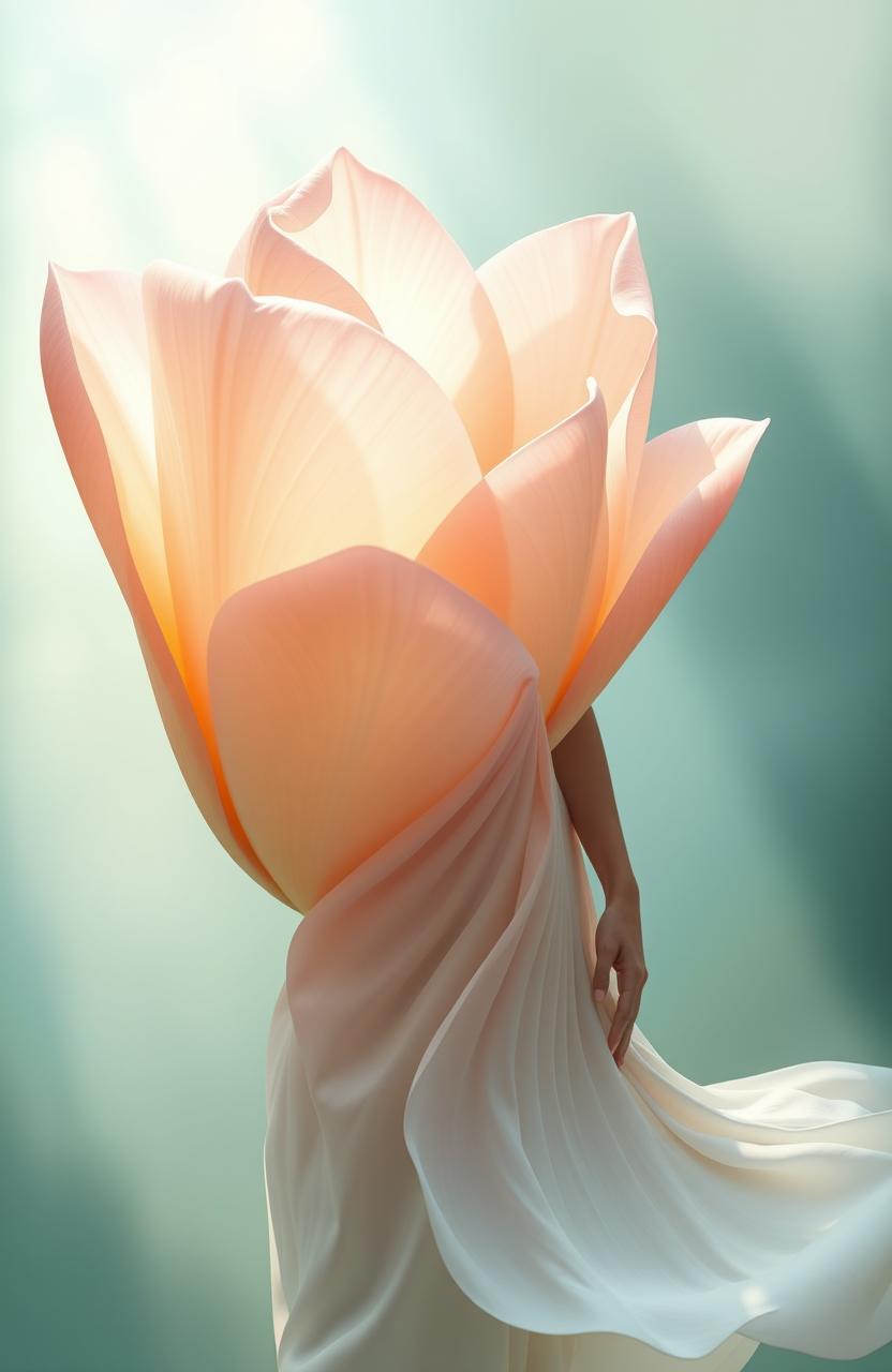 A hyper-realistic depiction of a blooming flower gradually unfolding and seamlessly merging with the figure of a serene woman, symbolizing growth and transformation