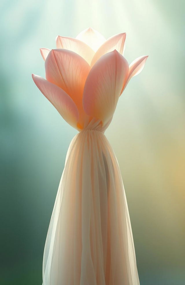 A hyper-realistic depiction of a blooming flower gradually unfolding and seamlessly merging with the figure of a serene woman, symbolizing growth and transformation