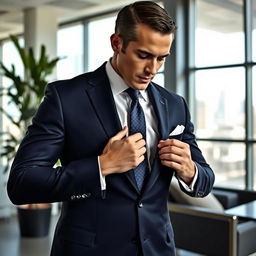 A tailored, elegant man in a sharp suit fixing his tie with a focused expression