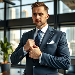 A tailored, elegant man in a sharp suit fixing his tie with a focused expression