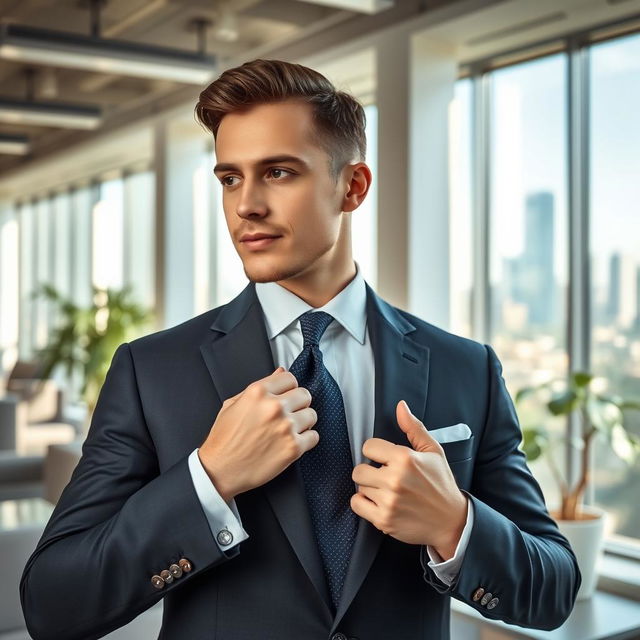 A tailored, elegant man in a sharp suit fixing his tie with a focused expression