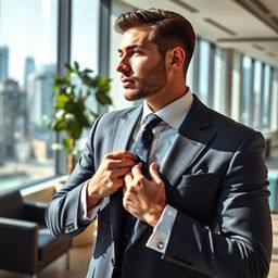 A tailored, elegant man in a sharp suit fixing his tie with a focused expression