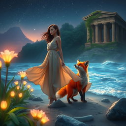 A captivating scene of a protagonist, a woman with a contemplative expression, standing on a mystical beach on the Island of Thrylos