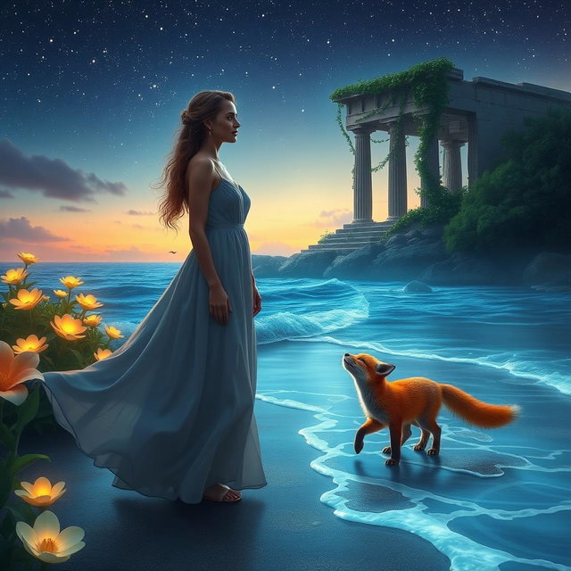 A captivating scene of a protagonist, a woman with a contemplative expression, standing on a mystical beach on the Island of Thrylos