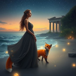 A captivating scene of a protagonist, a woman with a contemplative expression, standing on a mystical beach on the Island of Thrylos