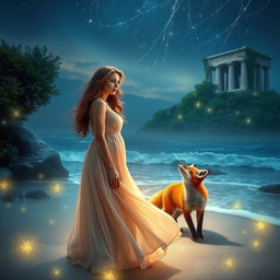 A captivating scene of a protagonist, a woman with a contemplative expression, standing on a mystical beach on the Island of Thrylos