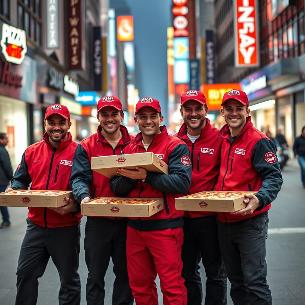 A group of cheerful pizza delivery men standing in a lively city street, each wearing bright red and black pizza delivery uniforms, complete with company logos on their caps and jackets