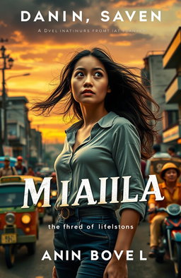 A captivating novel cover featuring a woman from the modern era, dressed in contemporary clothing, standing bewildered in a vibrant, bustling street scene set in 1970s Manila under martial law