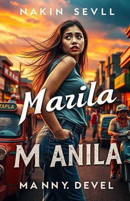 A captivating novel cover featuring a woman from the modern era, dressed in contemporary clothing, standing bewildered in a vibrant, bustling street scene set in 1970s Manila under martial law
