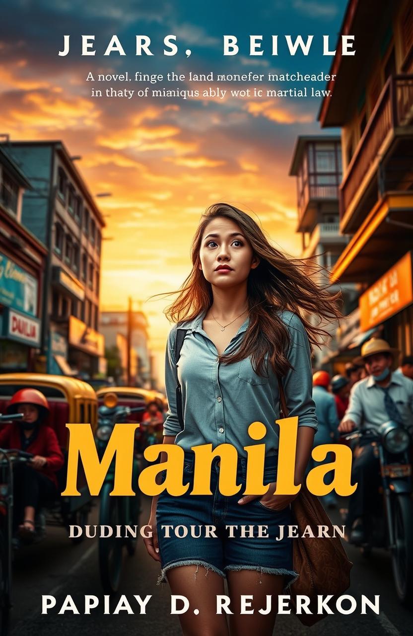 A captivating novel cover featuring a woman from the modern era, dressed in contemporary clothing, standing bewildered in a vibrant, bustling street scene set in 1970s Manila under martial law