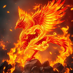 A mythical fire bird serving as the guardian of the number (2), with a fiery backdrop filled with intense flames and glowing embers