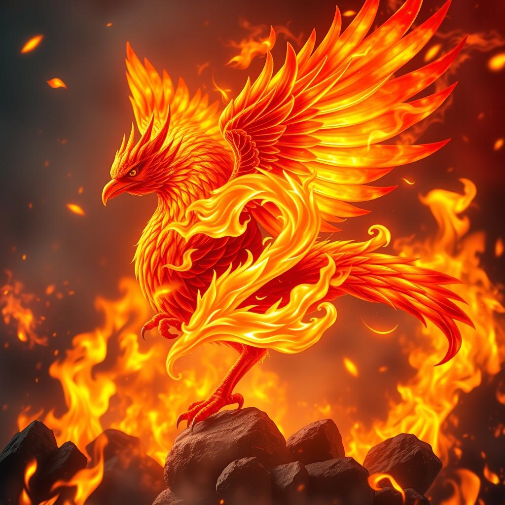 A mythical fire bird serving as the guardian of the number (2), with a fiery backdrop filled with intense flames and glowing embers