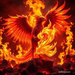 A mythical fire bird serving as the guardian of the number (2), with a fiery backdrop filled with intense flames and glowing embers