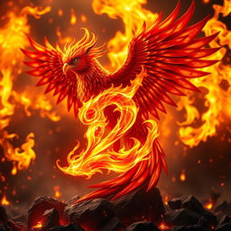 A mythical fire bird serving as the guardian of the number (2), with a fiery backdrop filled with intense flames and glowing embers
