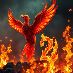 A mythical fire bird serving as the guardian of the number (2), with a fiery backdrop filled with intense flames and glowing embers