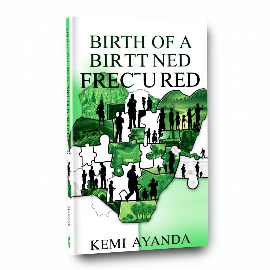 A striking book cover for 'Birth of a Fractured Nation' by Kemi Ayanda, exploring the theme of a divided Nigeria