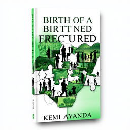 A striking book cover for 'Birth of a Fractured Nation' by Kemi Ayanda, exploring the theme of a divided Nigeria