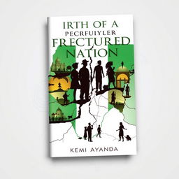 A stunning book cover for 'Birth of a Fractured Nation' by Kemi Ayanda, illustrating the theme of a divided Nigeria