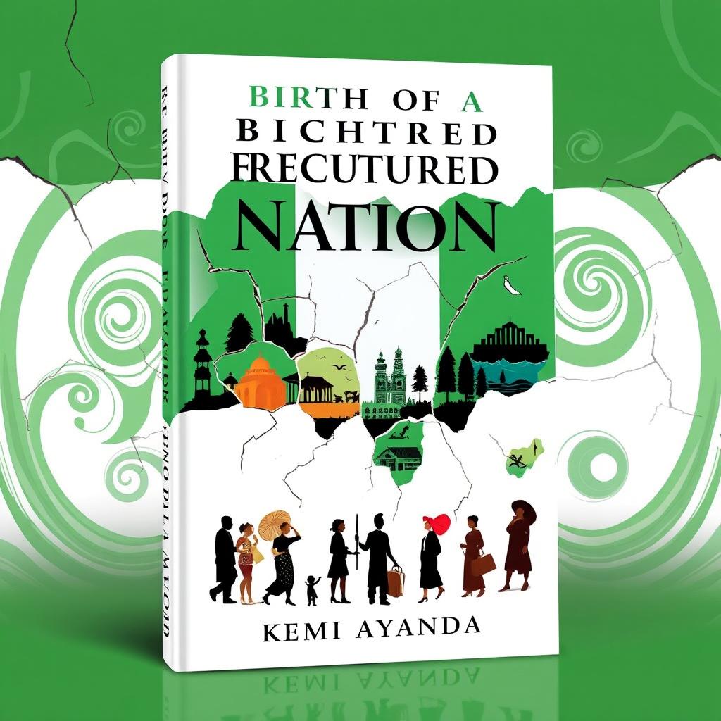 A stunning book cover for 'Birth of a Fractured Nation' by Kemi Ayanda, illustrating the theme of a divided Nigeria