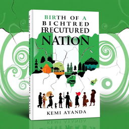 A stunning book cover for 'Birth of a Fractured Nation' by Kemi Ayanda, illustrating the theme of a divided Nigeria