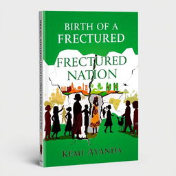 A stunning book cover for 'Birth of a Fractured Nation' by Kemi Ayanda, illustrating the theme of a divided Nigeria
