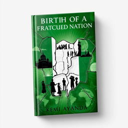 A striking and mature book cover for 'Birth of a Fractured Nation' by Kemi Ayanda, reflecting the theme of division within Nigeria