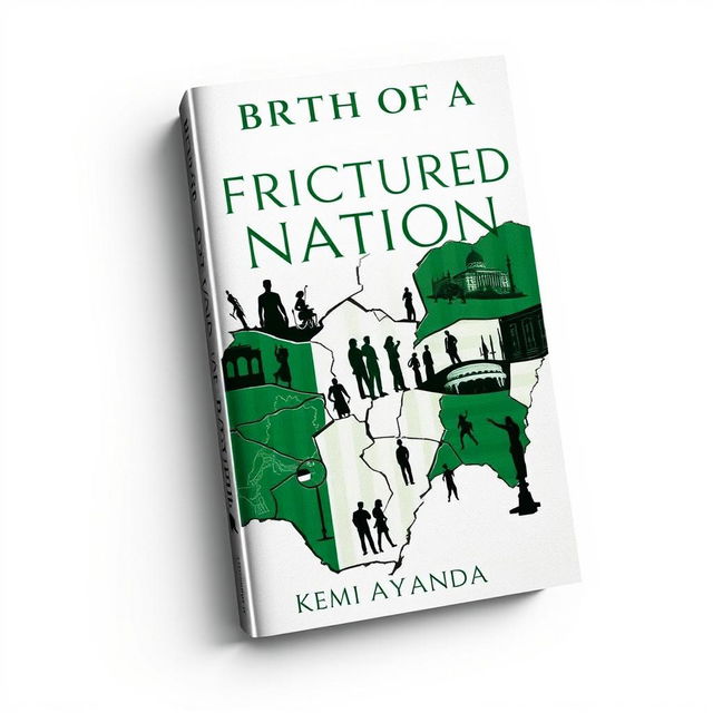 A striking and mature book cover for 'Birth of a Fractured Nation' by Kemi Ayanda, reflecting the theme of division within Nigeria