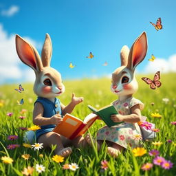 A serene scene depicting two beautifully designed talking rabbits sitting in a lush green meadow under a bright blue sky