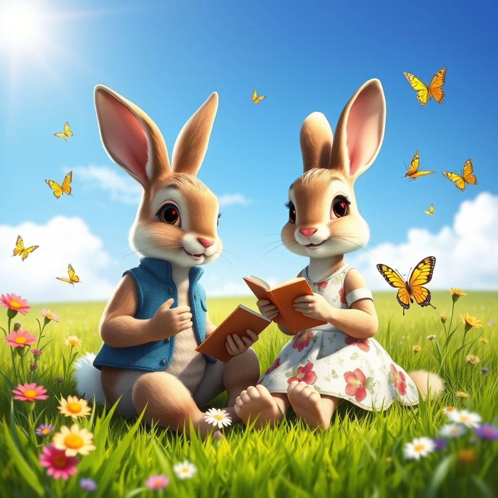 A serene scene depicting two beautifully designed talking rabbits sitting in a lush green meadow under a bright blue sky